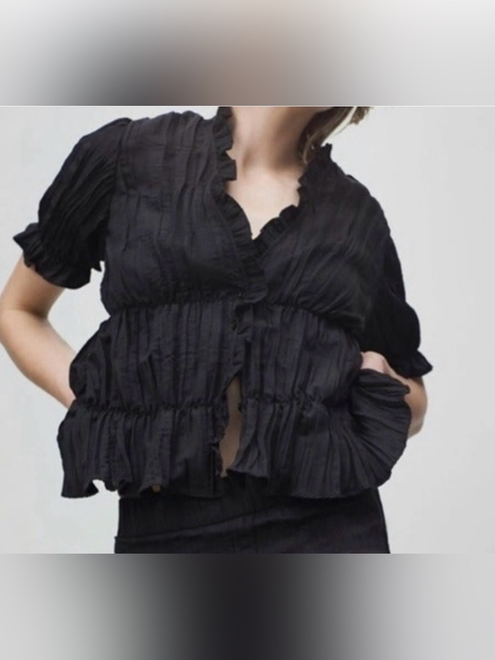 Zara Black Ruffled Short-Sleeved Blouse